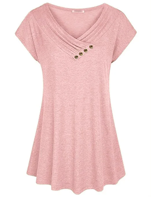 

New 2020 Women T Shirt Cross V Neck Short Sleeve Summer Casual Tops Button Decor WSH006