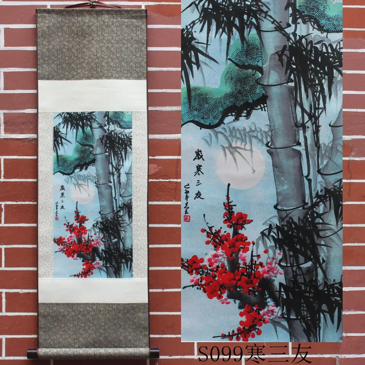 

Pinturas de estilo chino pintura de seda sala de pino, bambú y Flor de ciruela regalos artesanías decoración del hogar Feng Shu