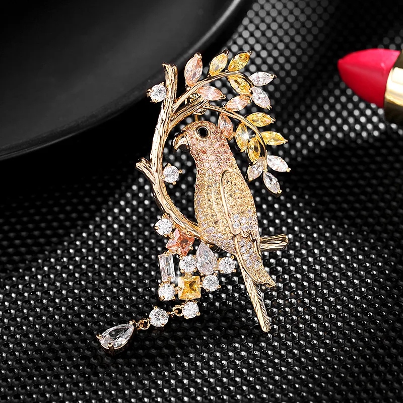 

New product trend fashion S925 silver color zircon parrot tassel brooch clothing accessories women high quality exquisite gifts