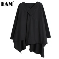 eam women black irregular big size blouse new v collar long sleeve loose fit shirt fashion tide spring autumn 2021 1dc962