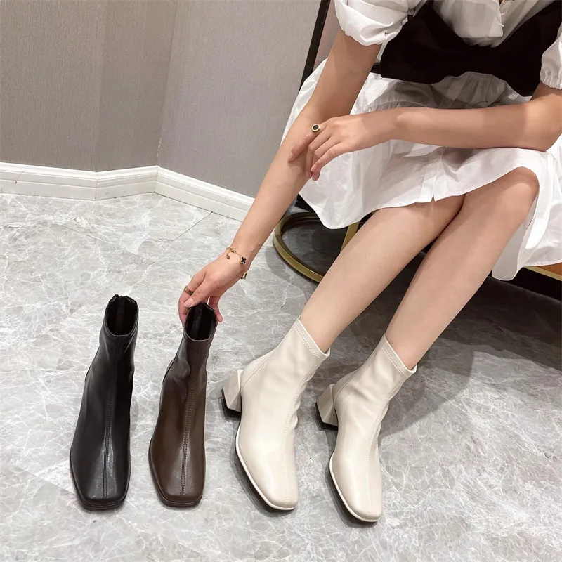 

Женские ботильоны из ПУ кожи, однотонные ботинки с квадратным носком, на блочном каблуке, для улицы и вечеринки, для зимы, 2021