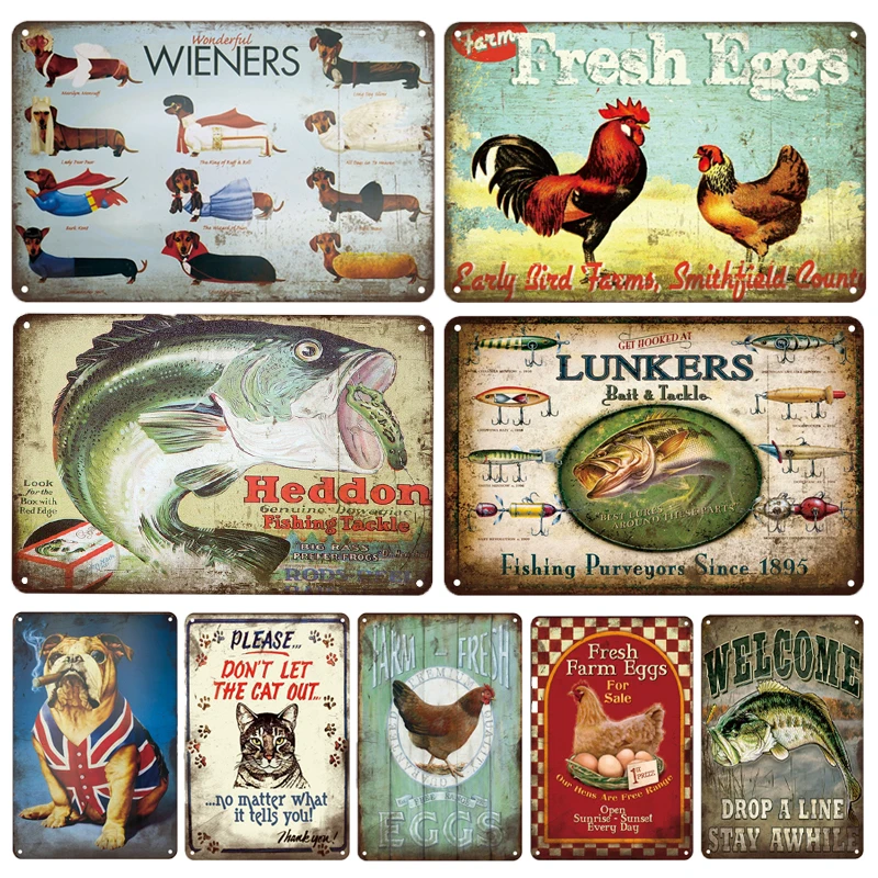 

Cock Cat Wieners Dog PUG Farm Metal Painting Tin Sign Poster Plaque Farmhouse Wall Home Decor Retro Man Cave Art Wall Plate