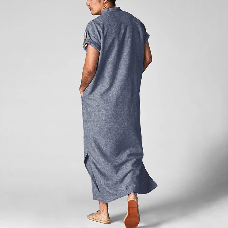 

2020 New Hot Fashion Muslim Men Islamic Arabic Clothes Stand Collar Short Sleeve Pockets Retro Robes Abaya Solid Color Men S-5XL