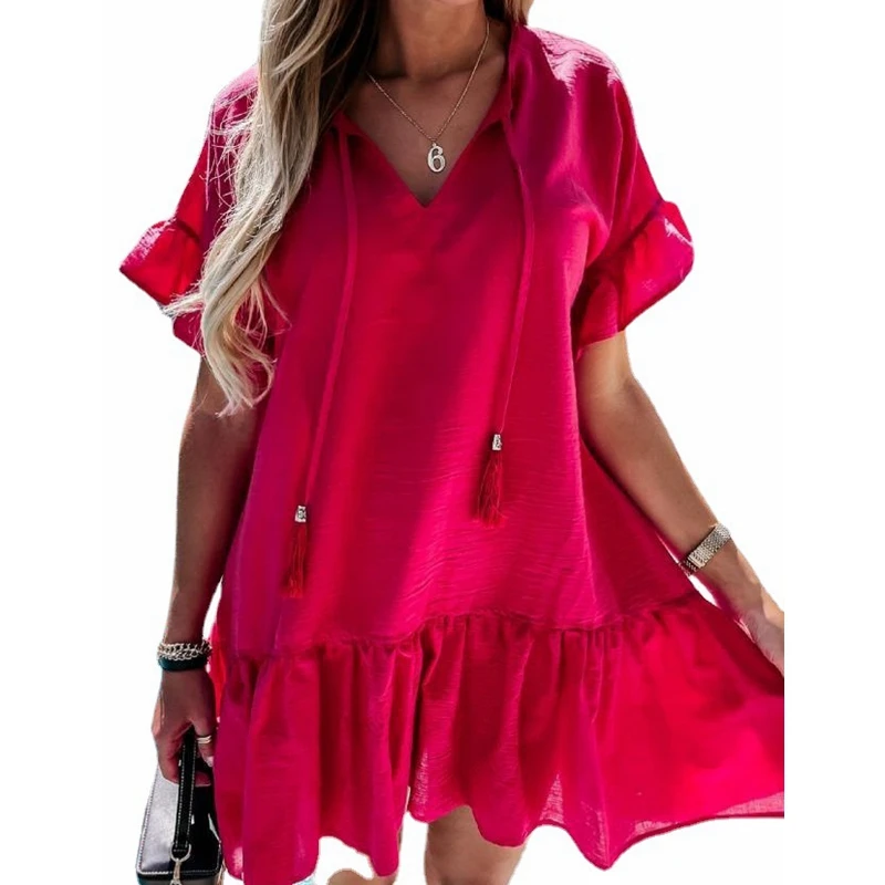 

Mandylandy Solid Color Dress Women's Casual Ruffles Stitching Dress Summer Pleated Short Flare Sleeve V-neck Tassel Dress