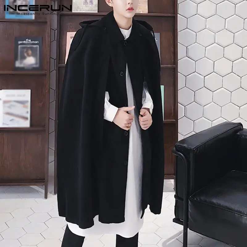 

Fashion Men Cloak Coats Hooded Solid Color Loose Long Ponchos Single Breasted 2021 Streetwear Autumn Cape Jackets Men INCERUN