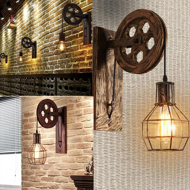 

Rustic Wall Lamp Corridor Lantern Fixtures Iron Loft Indoor Lighting Retro Industrial Cafe E27 Lifting Pulley Home Sconce Light