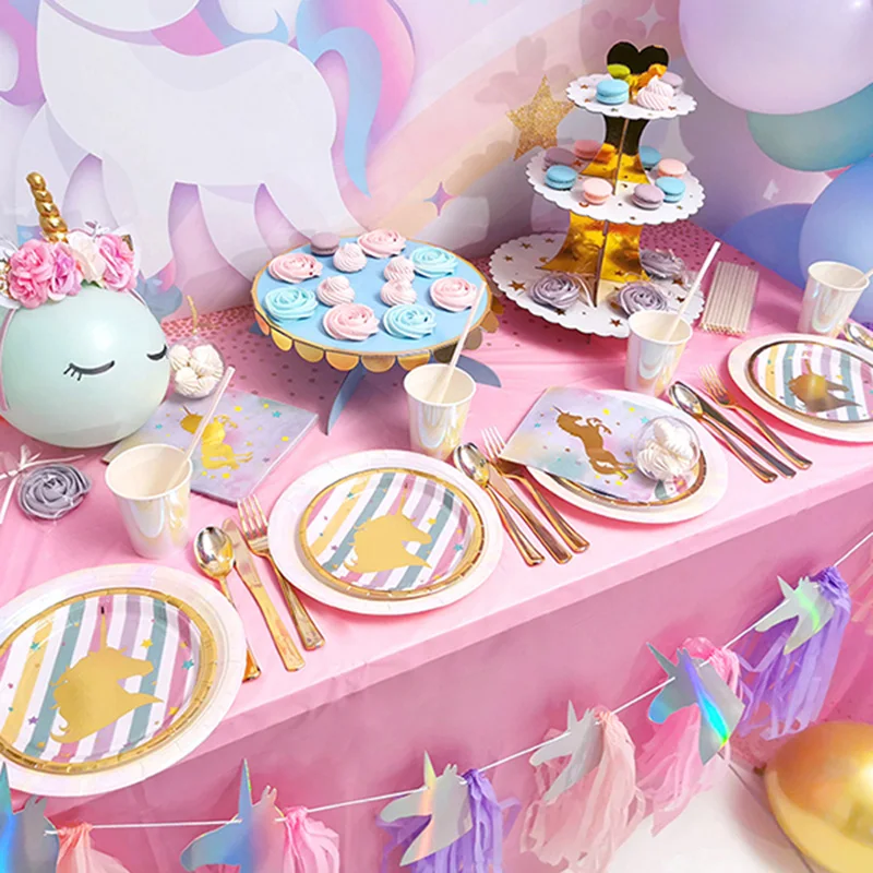 Набор одноразовой посуды с золотым единорогом украшение для вечеринки в честь