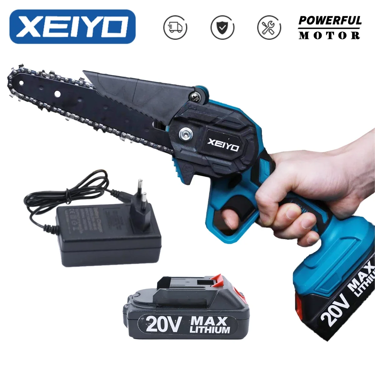

XEIYO 20V Mini 6 Inch Electric Chain Saw With 2PCS Battery EU Plug Woodworking Pruning Garden One-handed Tool Rechargeable