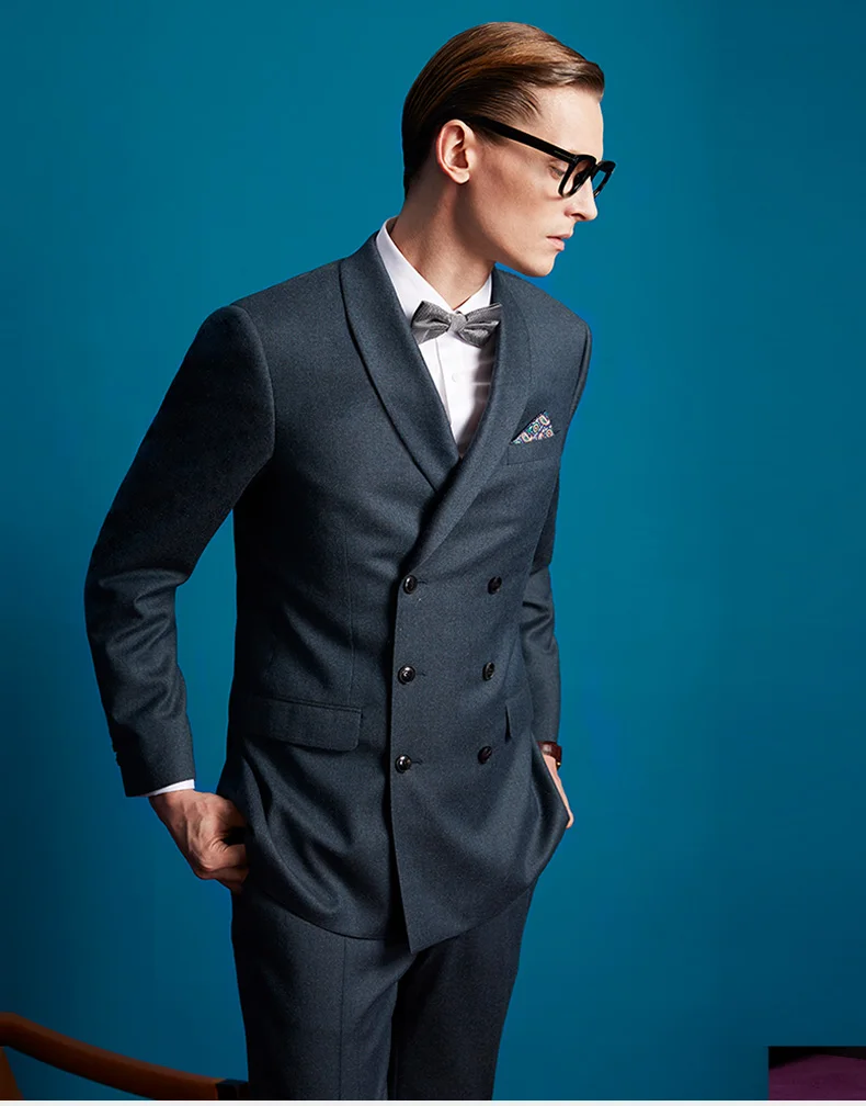 

Double Breasted Dark Grey Men Business Suits High Quality Wedding Tuxedos Custom Made Side Split Groomsmen Tuxedos(Jacket+Pant)