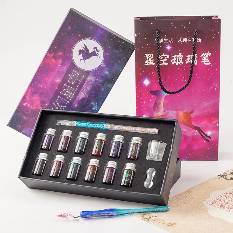 

Glass Dip Pen And Ink Sets Fountain Pencil Gift Box Starry Sky Color Ink Crystal Signature Pencils Creative Gifts Dip Pen Set