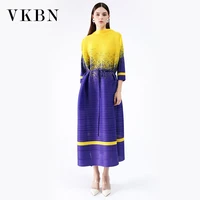 vkbn summer dress women three quarter flare sleeve fold contrast vestidos de fiesta sashes fashion elegant dress