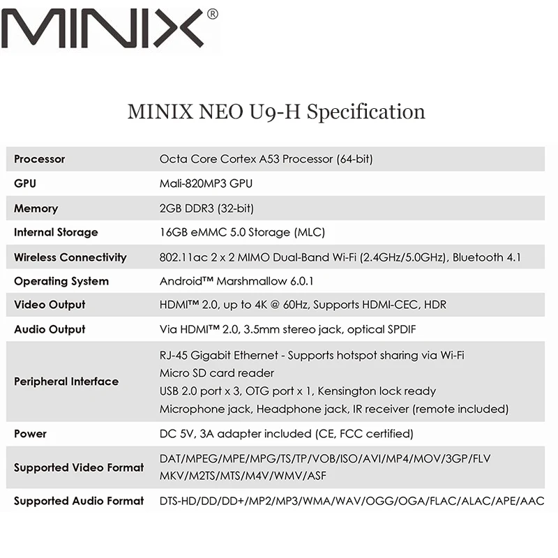 

MINIX NEO U9-H + NEO A3 Smart TV BOX With Voice Input Air Mouse 64-bit Octa-Core Media Hub Android 7.1 2GB 4K HDR Smart TV BOX