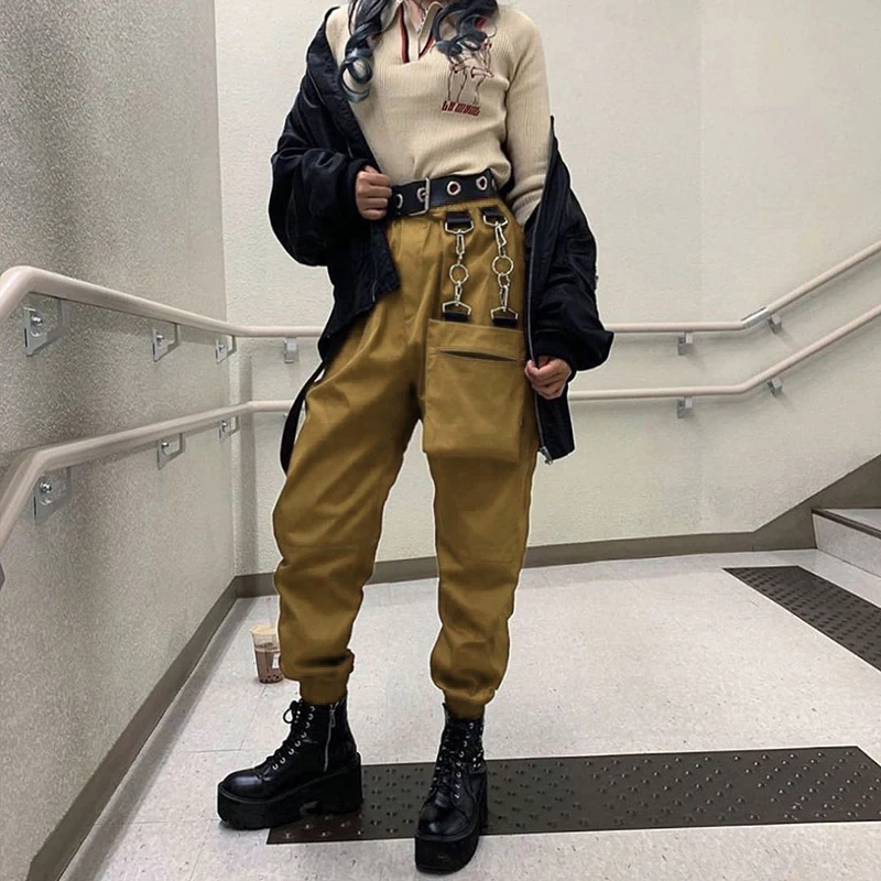 

Winter Pants Track Elastic Trousers High Waist Joggers Fashion Ribbon Motorcycle Cargo Pants Women Pockets Streetwear