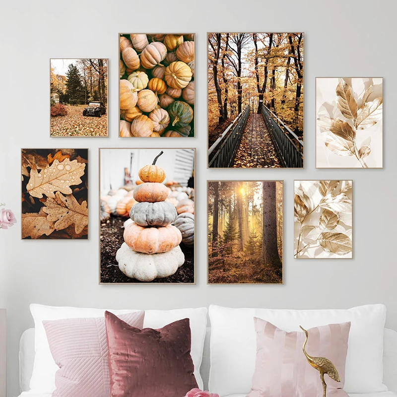 

Modern Autumn Pumpkin Village Fallen Leaf Road Posters and Prints Canvas Painting Wall Art Decoration Cuadros Home Decor Picture