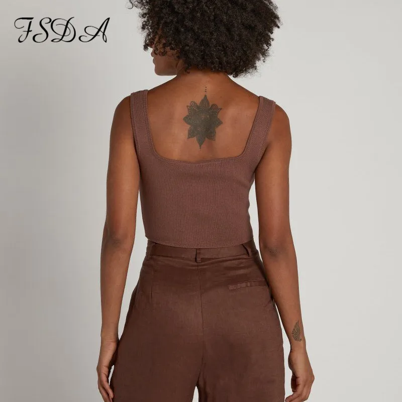 

FSDA 2021 V Neck Summer Crop Top Women Casual Knitted Brown T Shirt Basic Black White Sexy Y2K Backless Tank Tops Off Shoulder