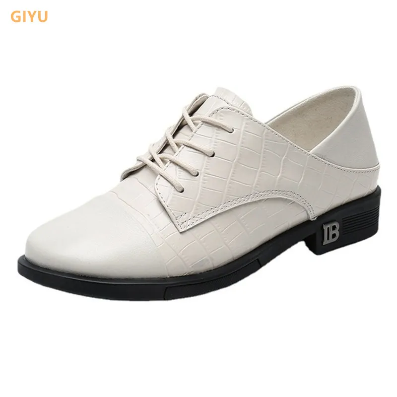 

GIYU Genuine Leather Spring Shoes Women 2021 British Style Lace-up Low-heeled Cowhide Soft Sole Comfortable Dress Loafers Female