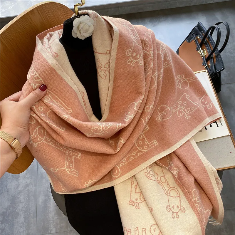 

Двусторонний шарф из искусственного кашемира с принтом животных, женские шали из пашмины, зимний шейный платок, женское толстое одеяло 2021