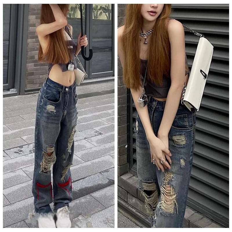 Vintage Ripped Jeans Denim Hippie Pants Hip Hop Do Old Straight Leg Women Low Waist Grunge Hole Streetwear y2k | Женская одежда