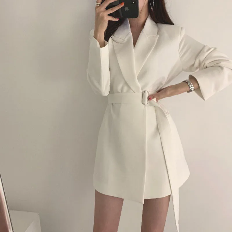 

Autumn Winter New Women Black White Slim Blazer Belt Waisted Elegant Ladies Long Coat Fashion Jacket Suits Outfits Office Wear