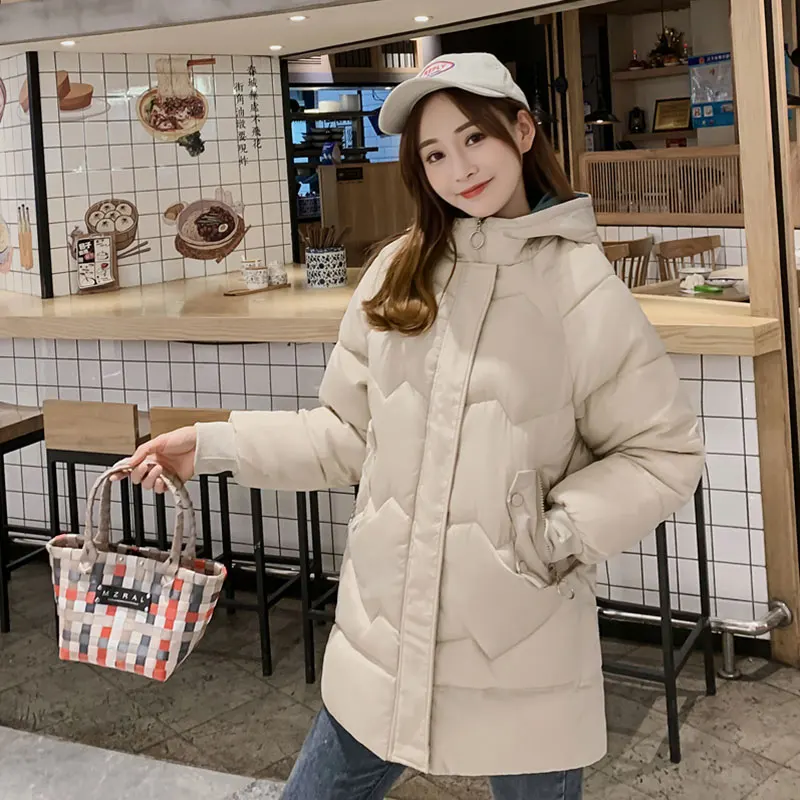 BEIGE Женское длинное пальто с капюшоном для пекарни, зимнее пуховое пальто большого размера, Толстая теплая куртка, ватные парки с хлопковой подкладкой, ветровка с большими карманами и рукавами - Цвет: BEIGE