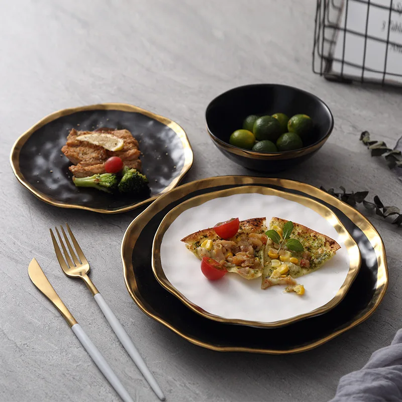 

Керамическая обеденная тарелка, инкрустация золотом, Роскошная золотая тарелка с краями, кухонная тарелка, черно-белая поднос, набор посуды