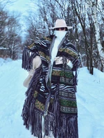 tiyihailey free shipping vintage winter and autumn outerwear loose long mid calf tassels knitting cloak shawl black white