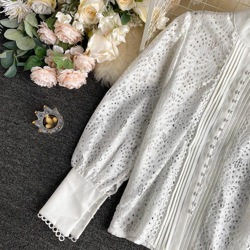 

Black/White Hollow Out Shirts Vintage Stand Collar Lantern Long Sleeve Single Breasted Casual Blouse Female New Fashion 2020