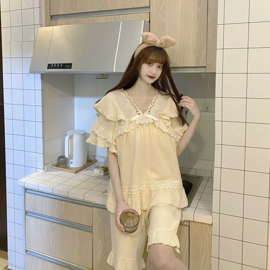 Court Style Lace Ruffle Nightgown Home Wear 2021 Summer New Retro Pajamas Women's V-neck Short Sleeve Female Sleepwear Nightwear