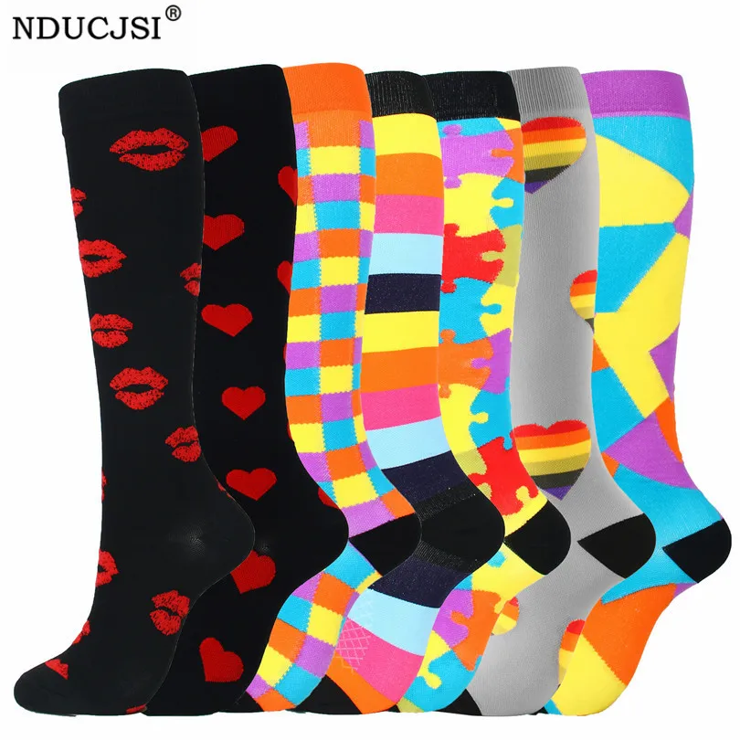 

NDUCJSI Running Fit Breathable Long Love Dots Stripes Printing Compression Sport Socks For Men Women High Quality Stockings