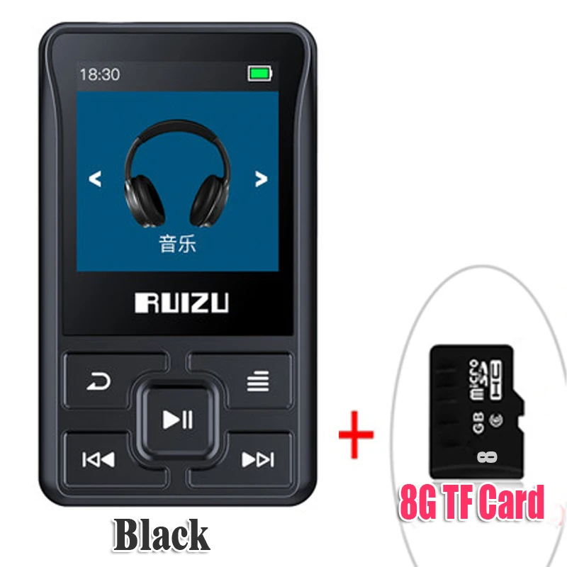 BlackWith8GBTFcard Новейший Спортивный Bluetooth MP3-плеер RUIZU X55, 8 ГБ, мини-клип с поддержкой экрана, FM, запись, электронная книга, часы, шагомер - Цвет: BlackWith8GBTFcard
