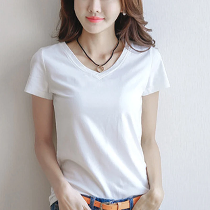 

Женские белые, черные футболки с коротким рукавом в Корейском стиле, модные женские футболки молочного цвета с круглым вырезом и V-образным ...
