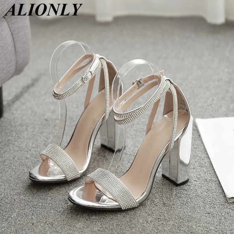 

ALIONLY Crystal Sexy Sandals for Women 2022 Summer Square Heel Buckle Strap Gladiator Sandals Stiletto Wedding Rhine Stone