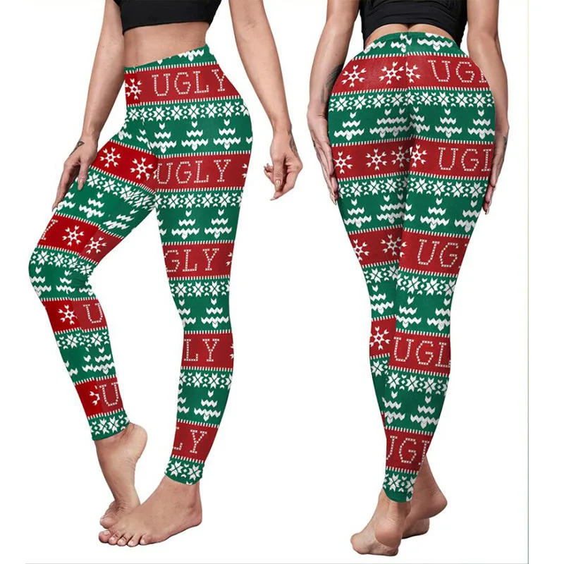 

Праздничные тематические леггинсы с забавным 3D принтом, эластичные Леггинсы пуш-ап для фитнеса с высокой талией, женские Уродливые Рождест...