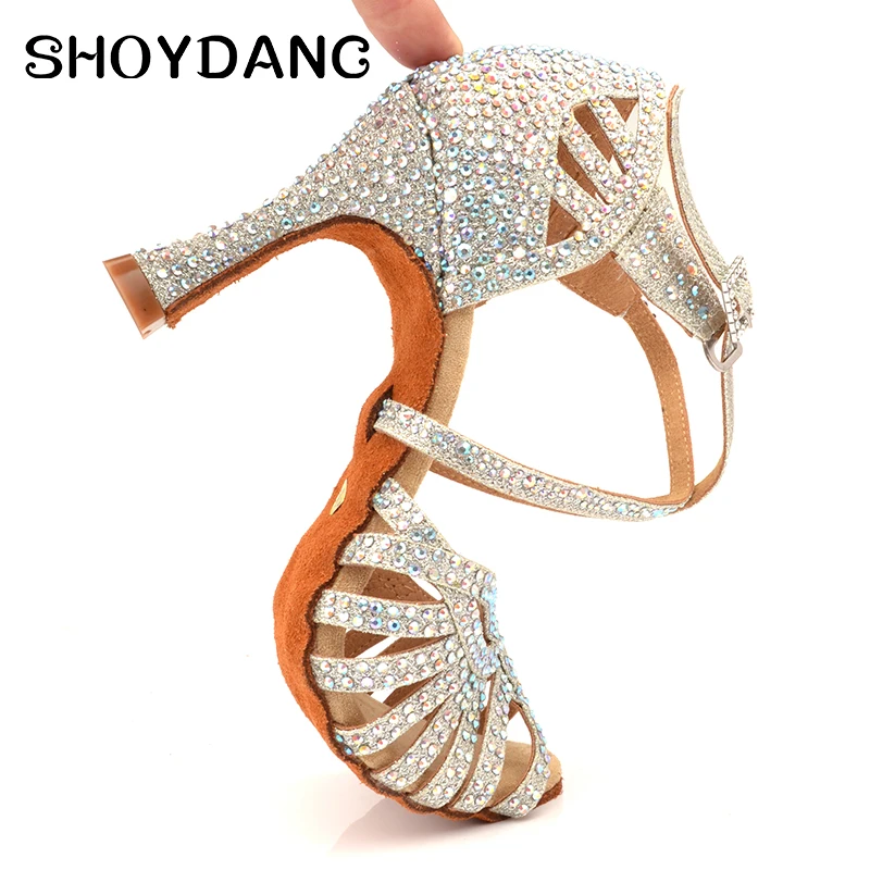 Новинка туфли для латинских танцев женские бальных с серебряными стразами