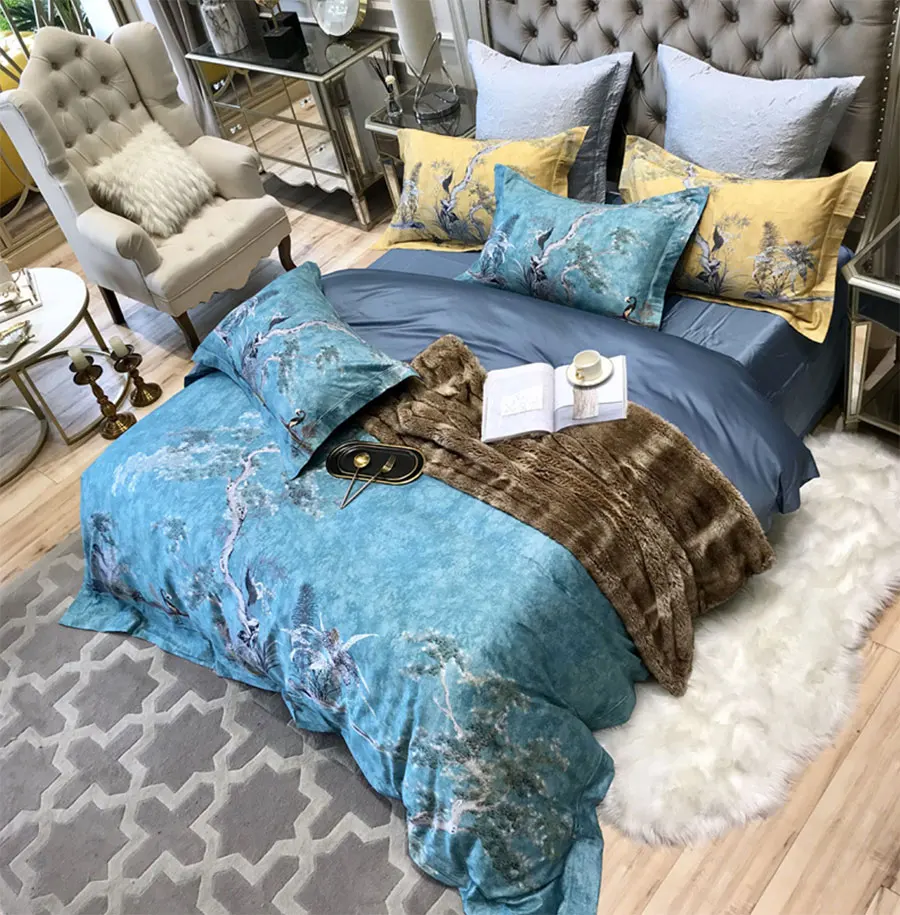 

Romantic oriental yellow bedding set,full queen king 120s cotton vintage double home textile bed sheet pillow case duvet cover