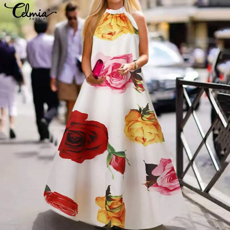 

Винтажное женское вечернее платье Celmia, летнее богемное повседневное свободное Макси Сарафан, пикантное пляжное платье без рукавов с лямкой...