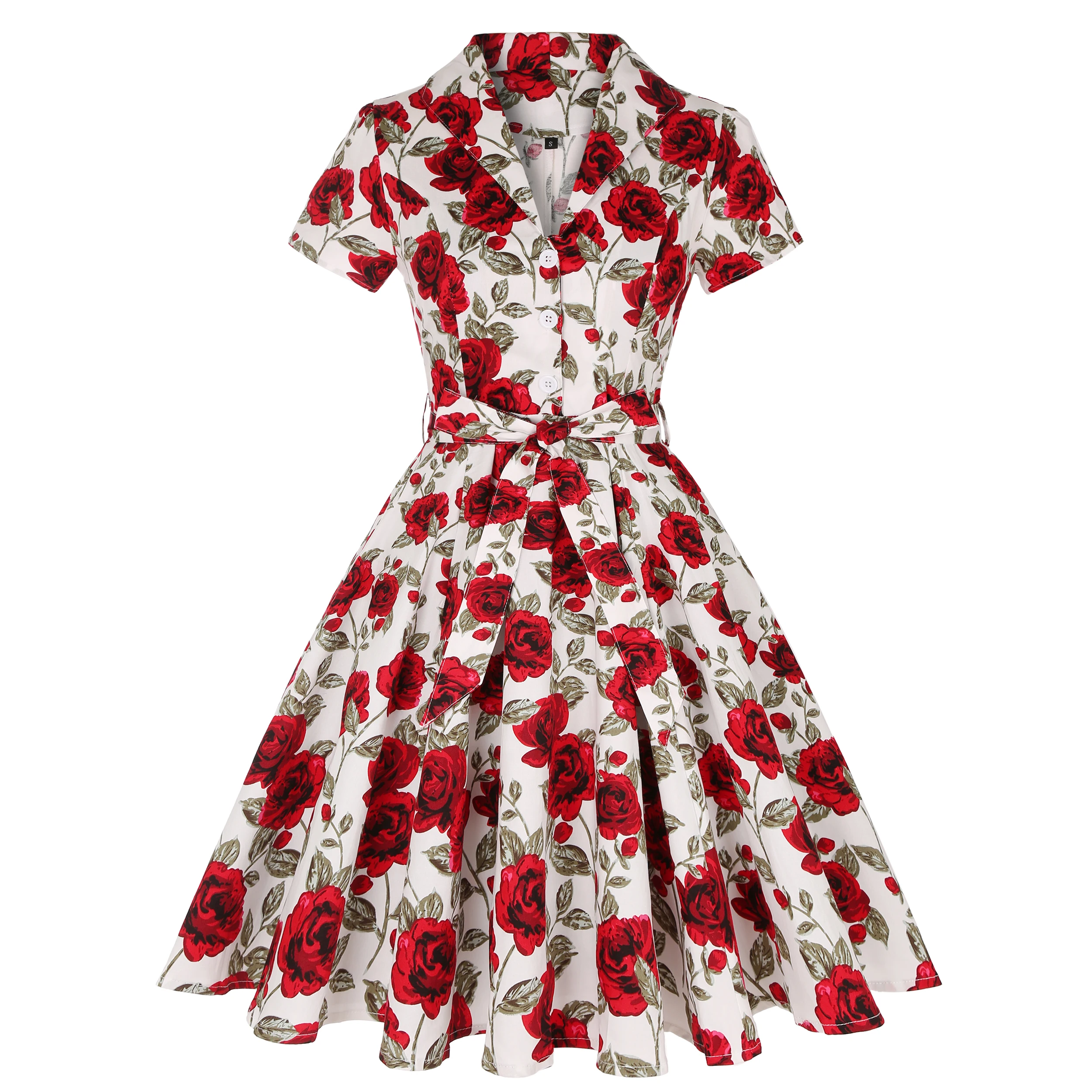 

Women Casual Dress With Sashes Retro Vestidos Elegantes Para Mujer Clothes Floral Print Slim Fit High Waist A Line Midi Dresses