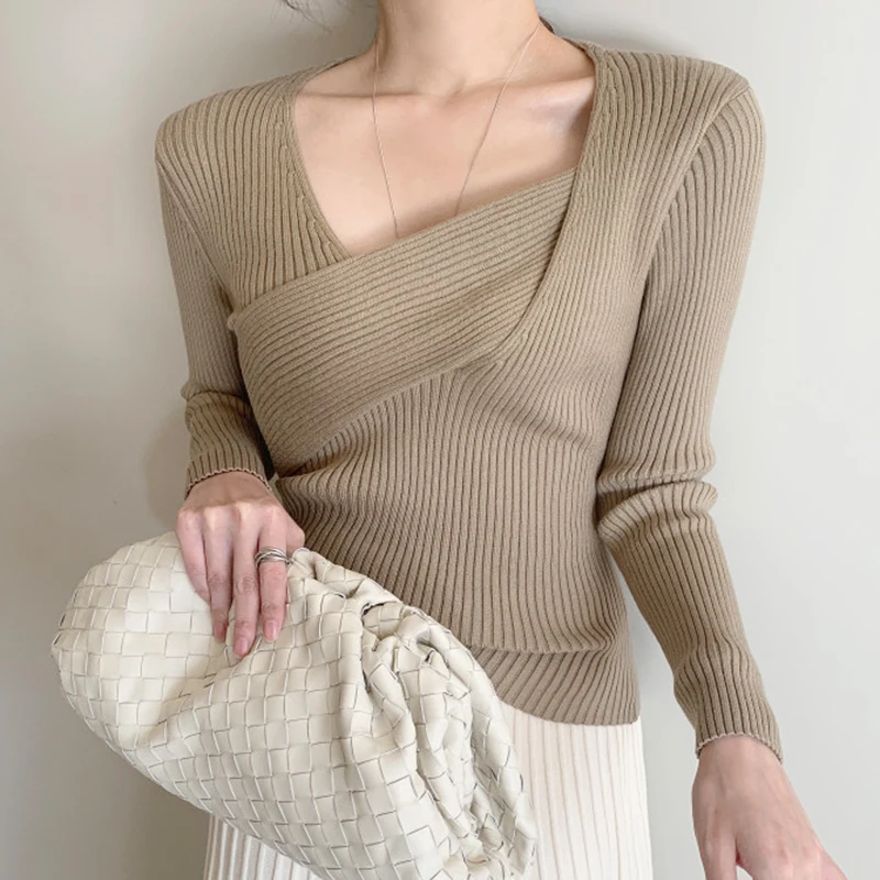 

2020 Autumn New Chic Long Sleeve V Neck Women Pullovers Vintage Basics Office Lady Sueter Mujer Korean Elegant Sweaters