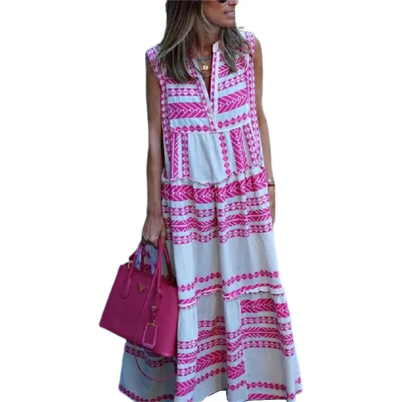 

Женское платье макси с принтом в богемном стиле 2021, летнее повседневное женское платье без рукавов с v-образным вырезом без рукавов, свободн...