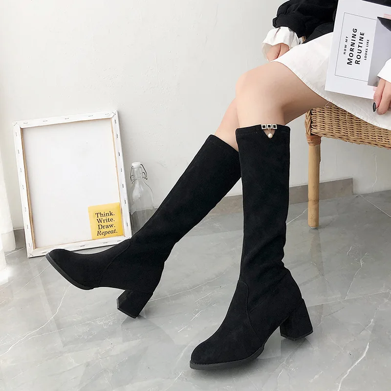 2019 Autumn Winter Suede Leather Black Martin Boots Women'S Shoes Plus Velve Warm Solid High Heel Snow Women Cotton | Обувь