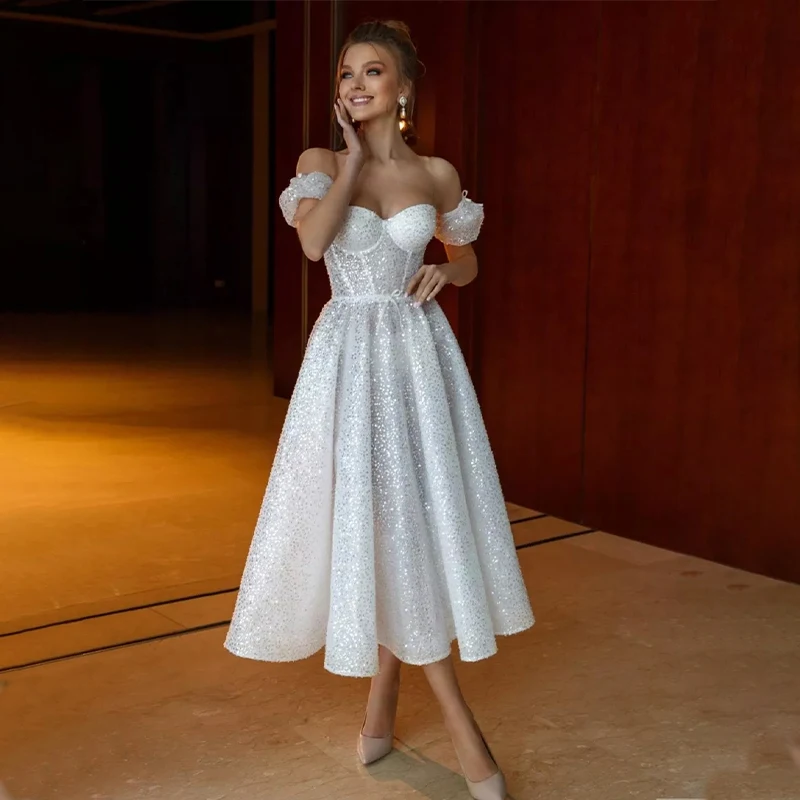 

Stunning Ivory Sequined Tea Lenght Prom Dresses Sweetheart Removeable Sleeves Evening Celebrity Gowns 2022 Formal Party Dresses