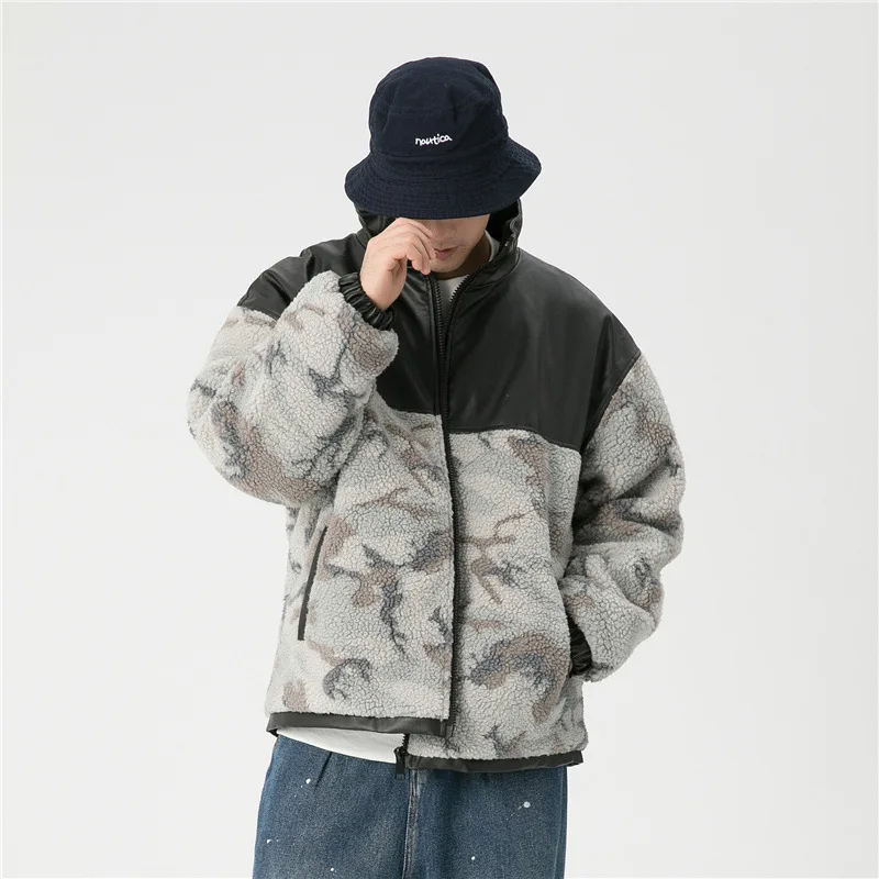 Men's fashion loose lamb-like wool coat plus velvet thick stitching leather imitation lamb wool cotton winter warm jacket