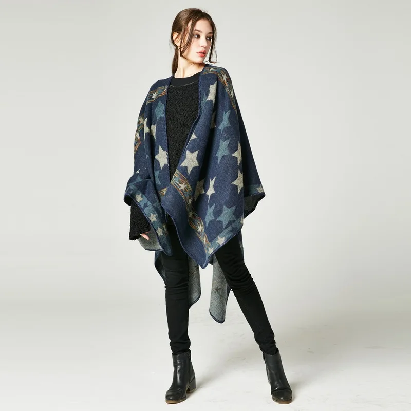 

Winter Warm Poncho and Cape Women Print Star Shawl Imitation Cashmere Pashmina Scarf Cloak National Wind Fork Cloaks Wraps Mujer