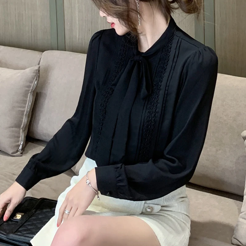 Элегантная шифоновая блузка с ленточным бантом и кружевом Женская мода на осень