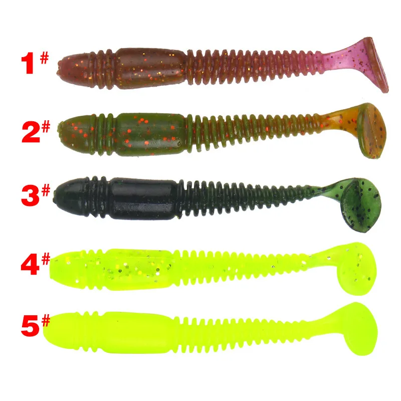 5Pcs/lot 7.5cm 3.1g Spiral Stripe T Tail Soft Bait Fishing Lure With Bass Hook For Sea River Fishing Tackle Smell Baits Pesca images - 6