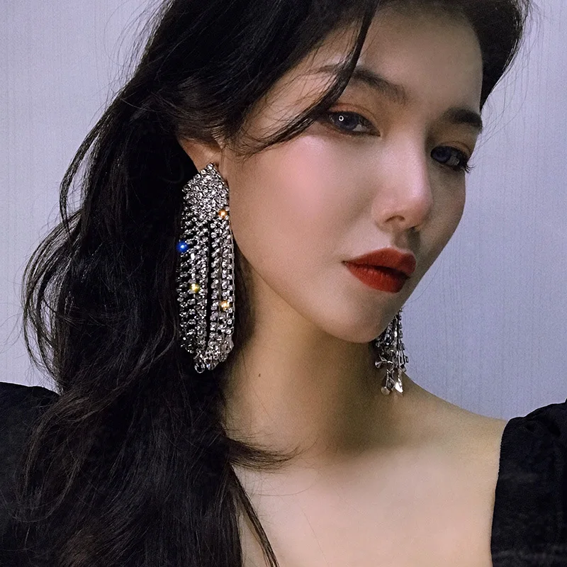 

925 Silver Needle Exaggerated Geometric Square Metal Diamond Earrings Tassel Long Fashion Earrings Net Red Earrings