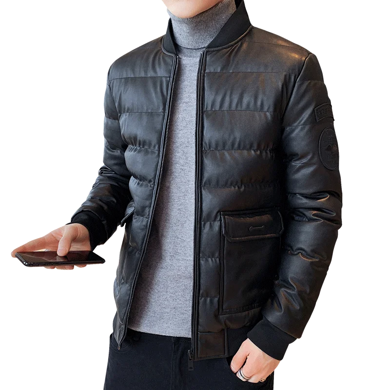 

Winter 2021 new men's short padded jacket Slim down down padded jacket trend thickened leather padded jacket