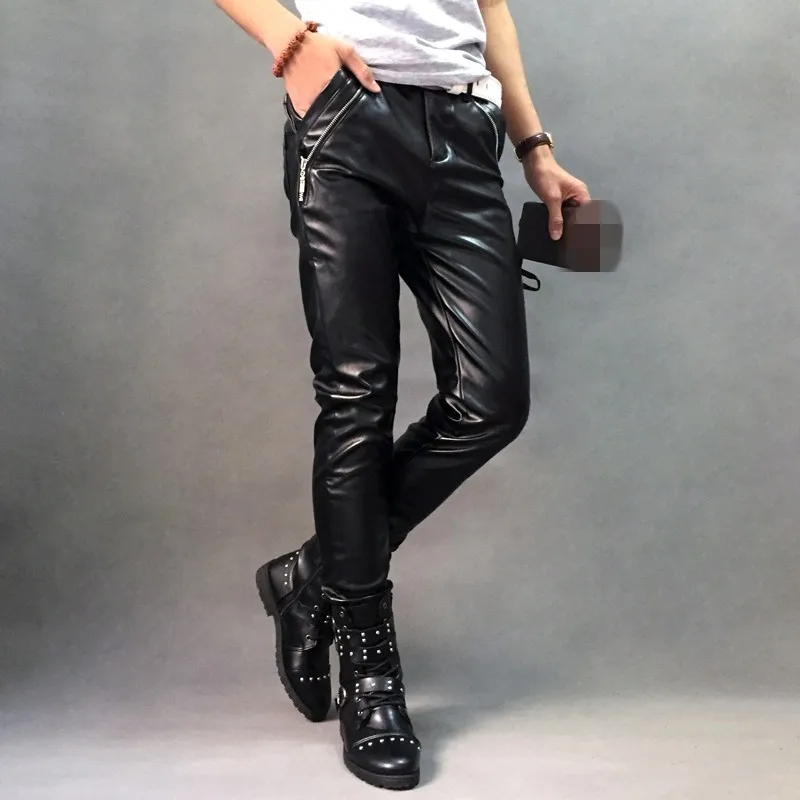 Мужские брюки из искусственной кожи обтягивающие мотоциклетные байкерские