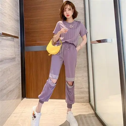

Round neck stripe hot drill T-shirt + elastic drawstring hollow Leggings suit women's new summer 2020