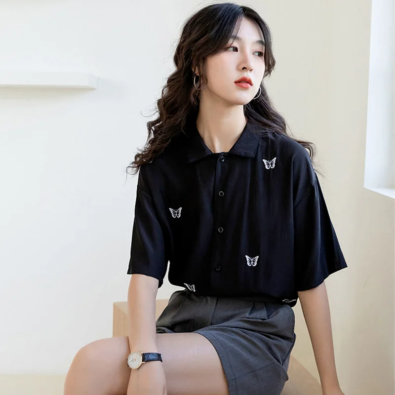 Женская рубашка с вышивкой свободного покроя в Корейском стиле простая шикарная